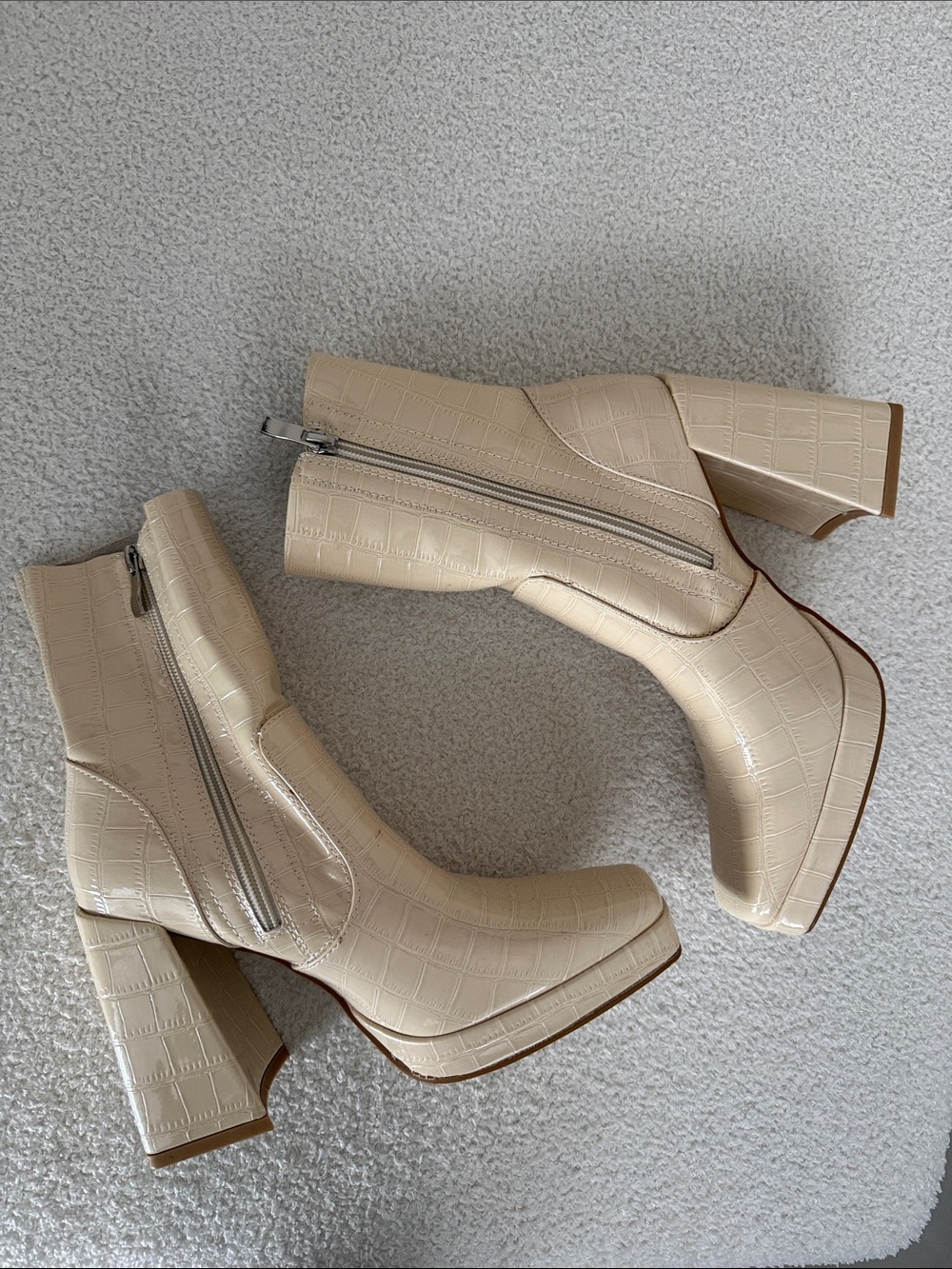 Princess Polly Cream Croc-Embossed Zip Block Heel Ankle Boots